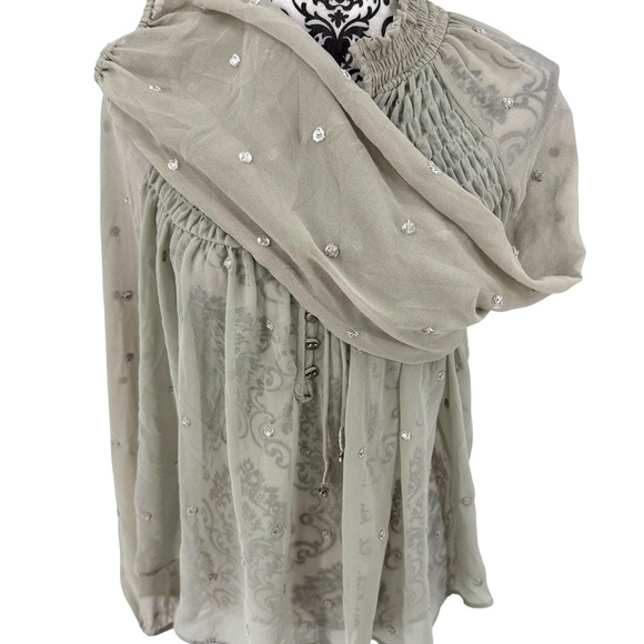 Free People Ready To Run Embellished Smocked Sheer Blouse Grey Mist Boho Chic - Picture 12 of 13